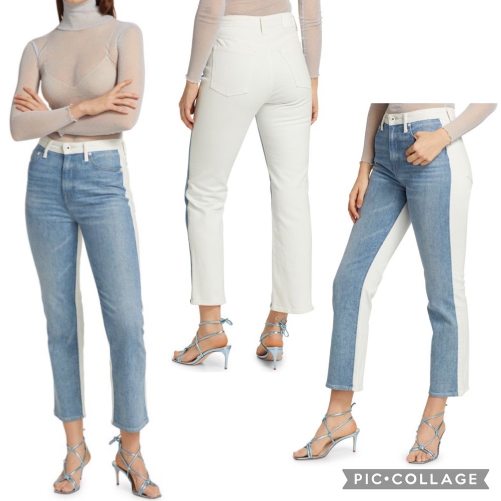 NEW! JONATHAN SIMKHAI Size 27 RIVER HIGH-RISE STRAIGHT Jean 2 Tone White Blue